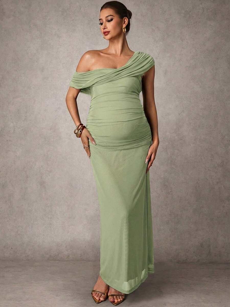 Elegant Solid Color Ruched Asymmetric Neck Slit Maternity Dress, Summer