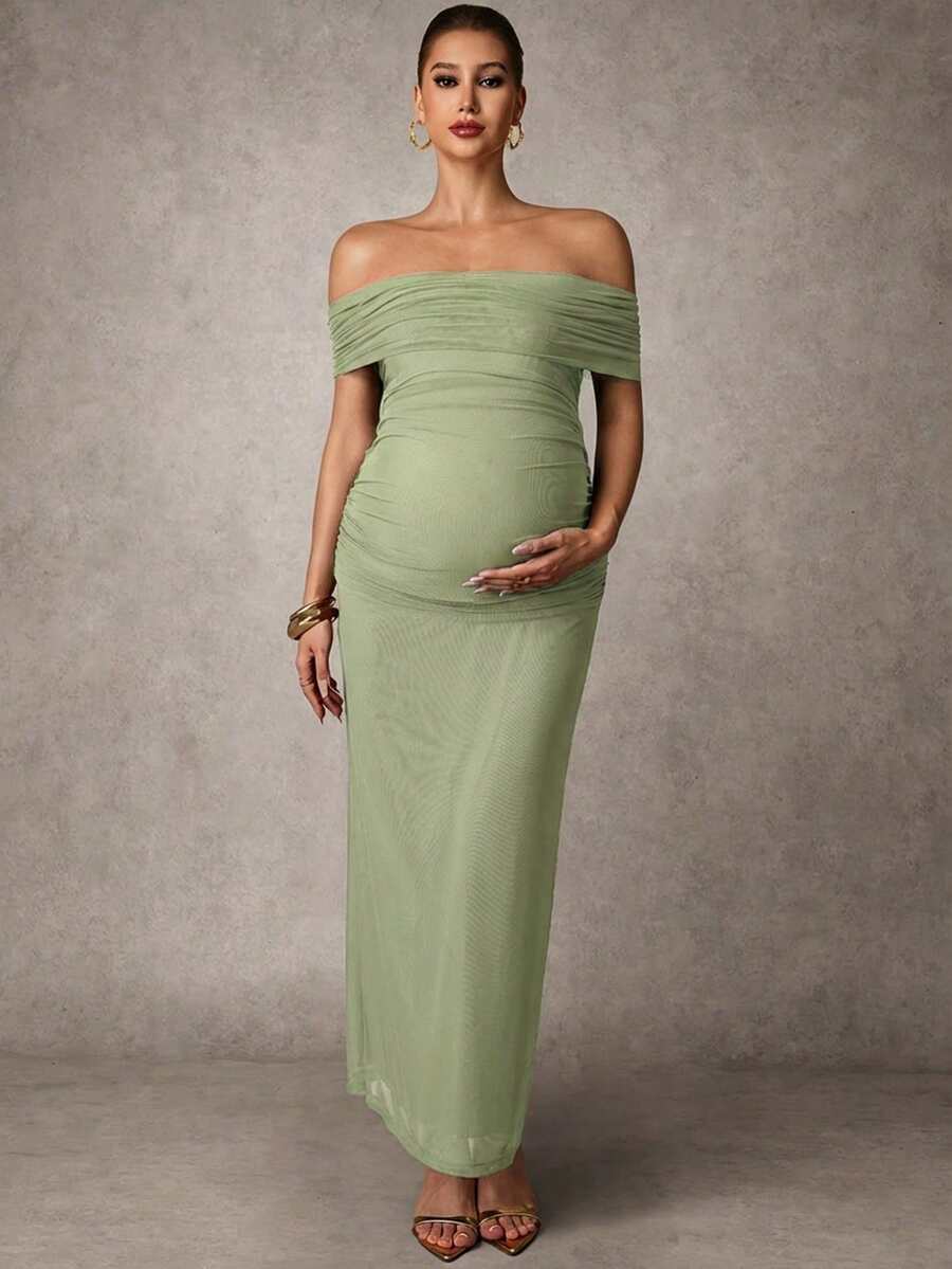 Elegant Solid Color Ruched Asymmetric Neck Slit Maternity Dress, Summer