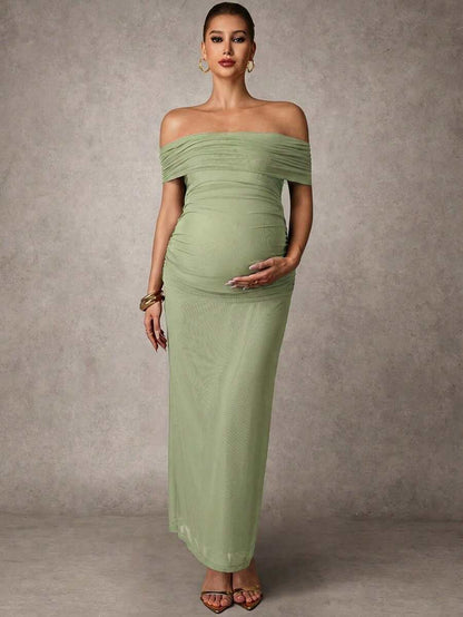 Elegant Solid Color Ruched Asymmetric Neck Slit Maternity Dress, Summer