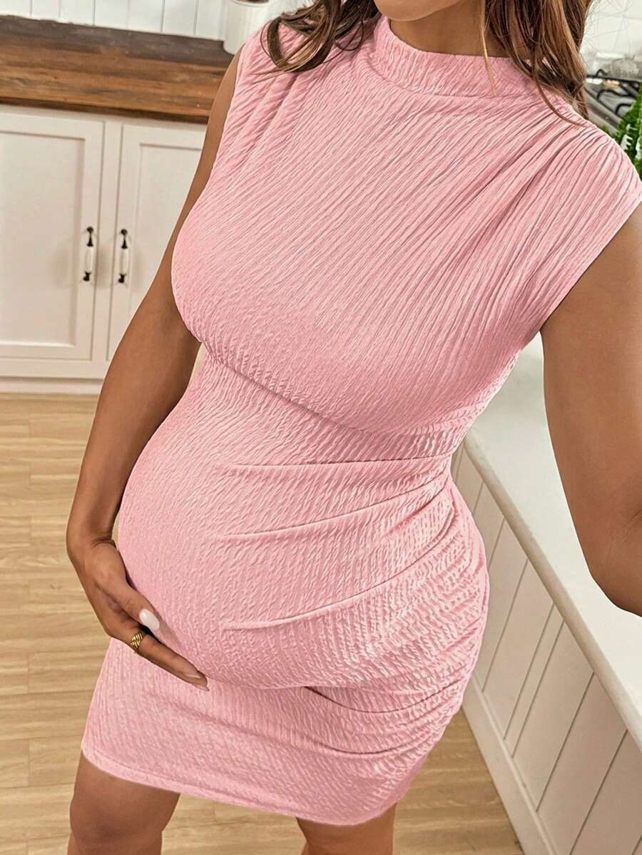 Maternity Summer Casual Stand Collar Cap Sleeve Ruched Pencil Dress Elegant Slim Fit Knit Short Holiday Tank Dress in Black