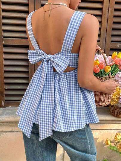 Maternity Backless Plaid Print Strappy Cami Dress Light Blue Sleeveless Holiday Flare Dress for Summer Vacations