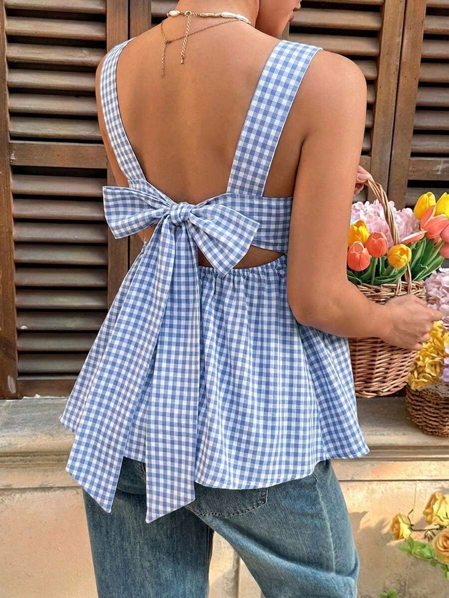 Maternity Backless Plaid Print Strappy Cami Dress Light Blue Sleeveless Holiday Flare Dress for Summer Vacations