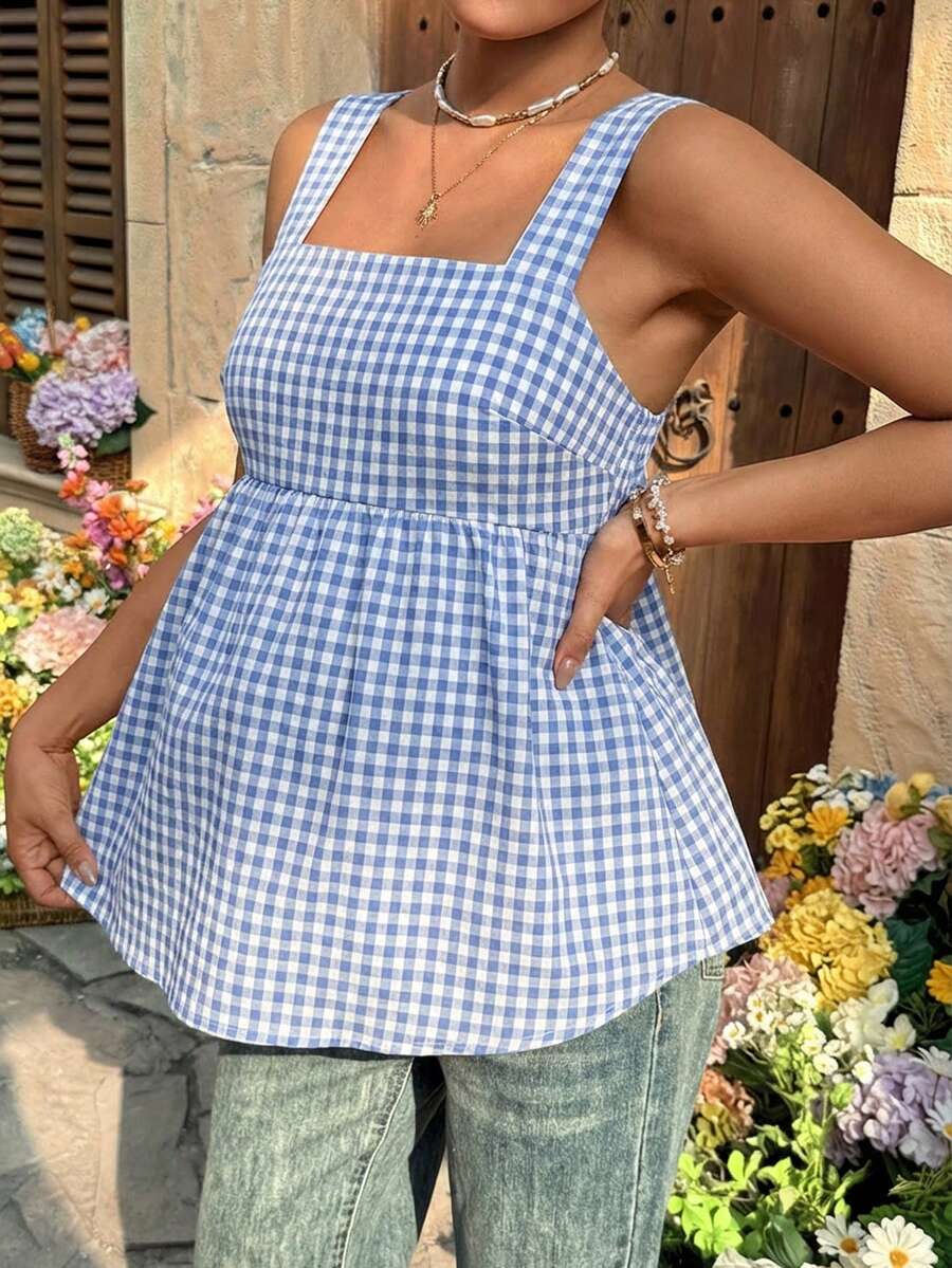 Maternity Backless Plaid Print Strappy Cami Dress Light Blue Sleeveless Holiday Flare Dress for Summer Vacations