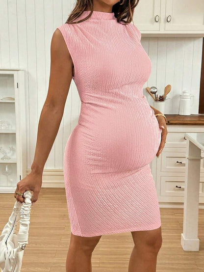 Maternity Baby Pink Cap Sleeve Ruched Pencil Dress Elegant Stand Collar Short Summer Holiday Dress for Pregnancy
