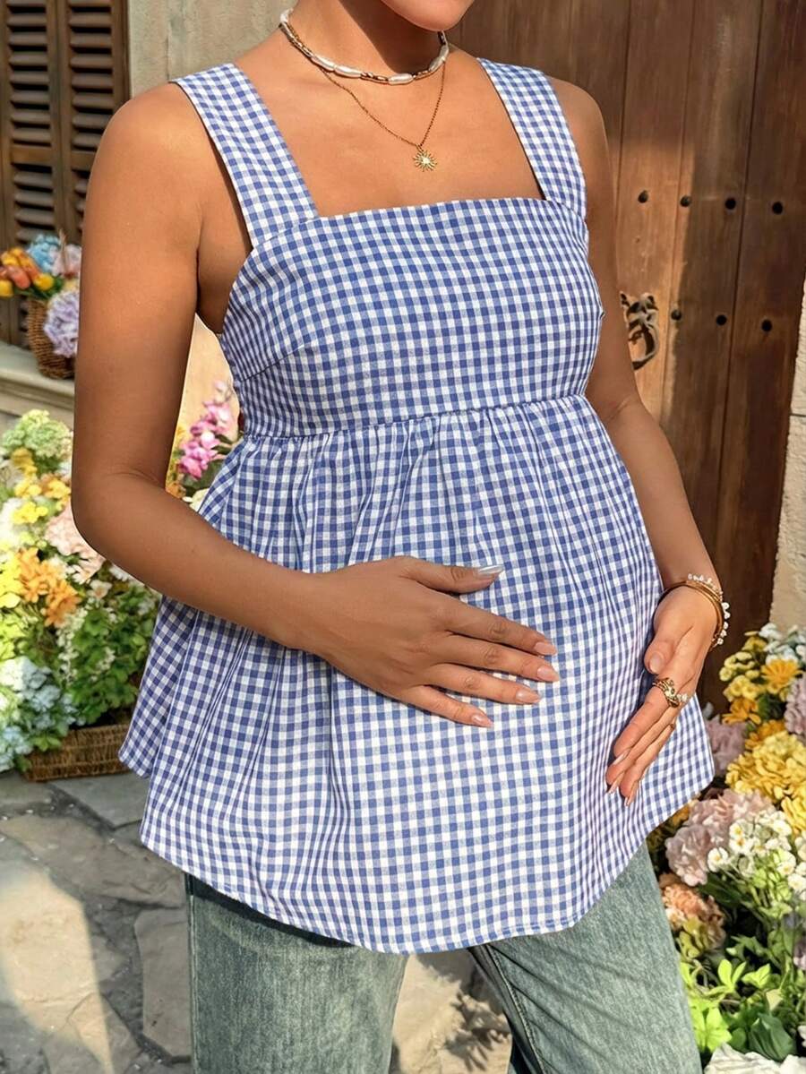 Maternity Backless Plaid Print Strappy Cami Dress Light Blue Sleeveless Holiday Flare Dress for Summer Vacations
