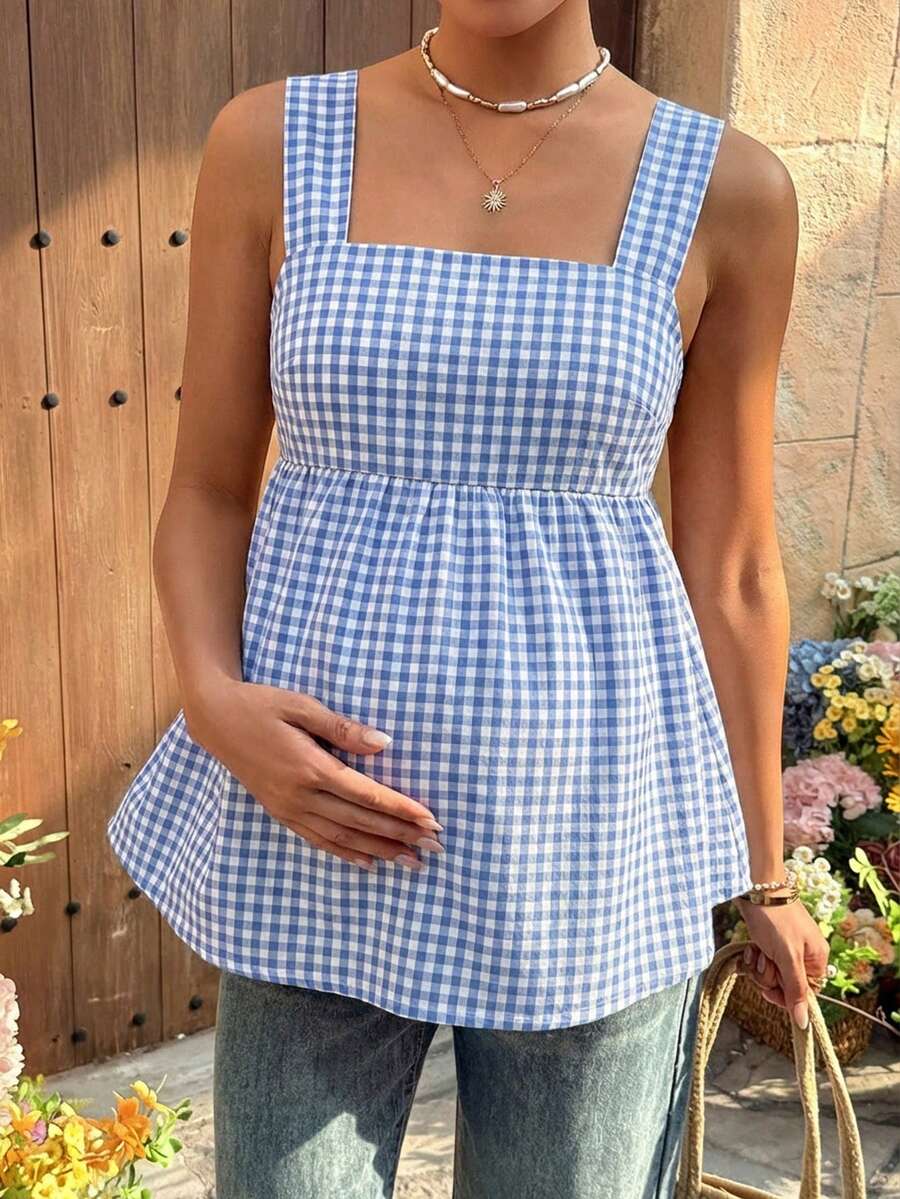 Maternity Backless Plaid Print Strappy Cami Dress Light Blue Sleeveless Holiday Flare Dress for Summer Vacations