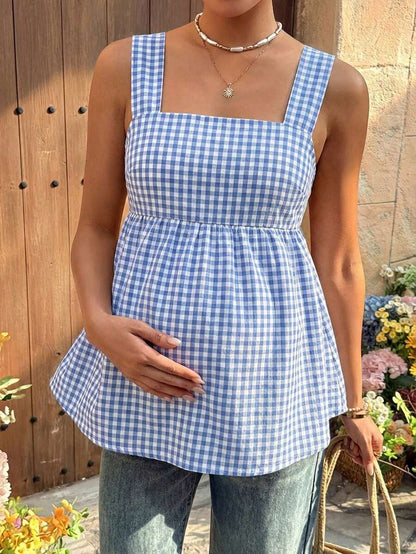 Maternity Backless Plaid Print Strappy Cami Dress Light Blue Sleeveless Holiday Flare Dress for Summer Vacations