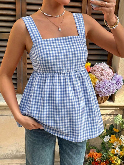 Maternity Backless Plaid Print Strappy Cami Dress Light Blue Sleeveless Holiday Flare Dress for Summer Vacations
