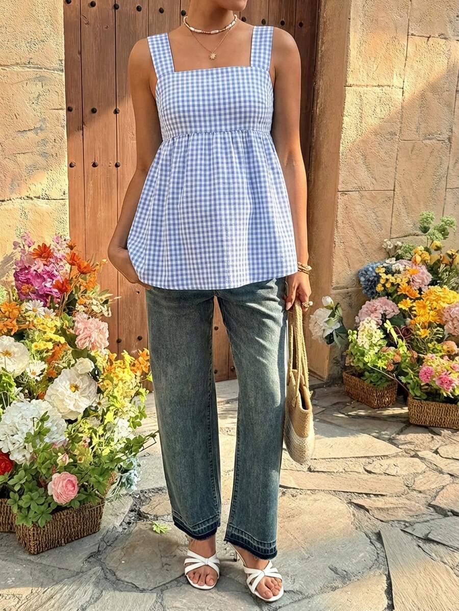 Maternity Backless Plaid Print Strappy Cami Dress Light Blue Sleeveless Holiday Flare Dress for Summer Vacations