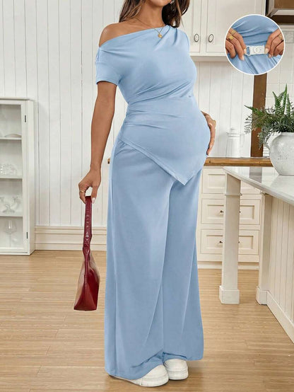Navy Blue Maternity 2 Piece Set Asymmetric Short Sleeve Tee and Slim Fit Long Pants Elegant Summer Night Out Lounge Outfit