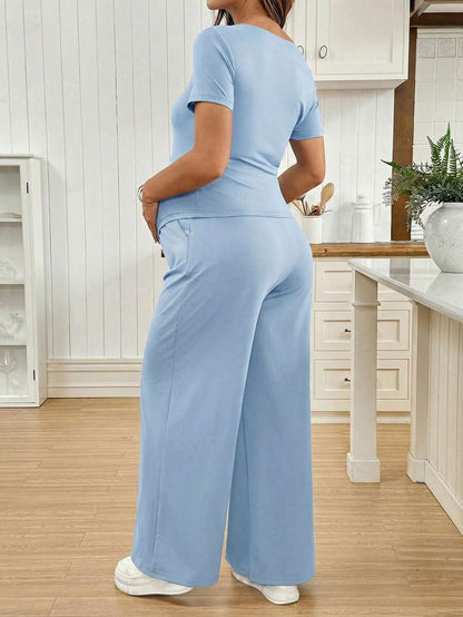 Navy Blue Maternity 2 Piece Set Asymmetric Short Sleeve Tee and Slim Fit Long Pants Elegant Summer Night Out Lounge Outfit