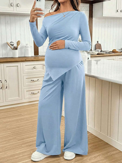Navy Blue Maternity 2 Piece Set Asymmetric Short Sleeve Tee and Slim Fit Long Pants Elegant Summer Night Out Lounge Outfit