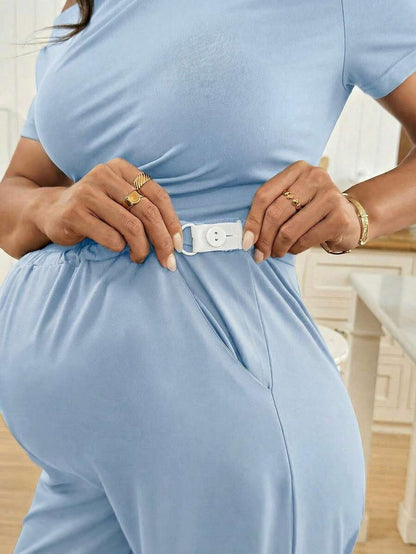 Navy Blue Maternity 2 Piece Set Asymmetric Short Sleeve Tee and Slim Fit Long Pants Elegant Summer Night Out Lounge Outfit