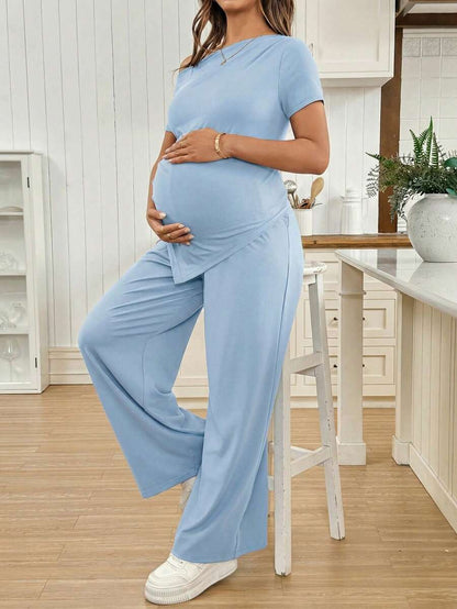 Navy Blue Maternity 2 Piece Set Asymmetric Short Sleeve Tee and Slim Fit Long Pants Elegant Summer Night Out Lounge Outfit