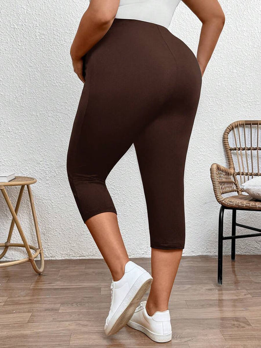 Plus Size Maternity Capri Leggings - Ultra High Waist, Slim Fit, Medium Stretch, Coffee Brown