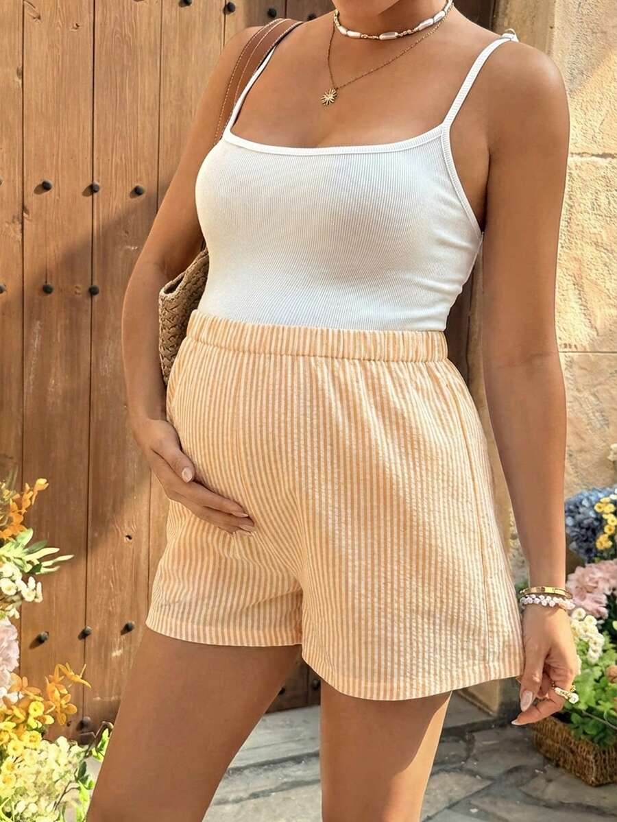 Maternity Striped Mini Shorts - Bow Front, Loose Fit, Ultra High Waist, Blue and White