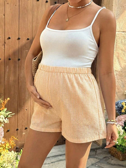 Maternity Striped Mini Shorts - Bow Front, Loose Fit, Ultra High Waist, Blue and White