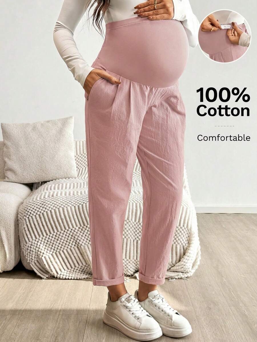 Pink Ultra High Waist Pleated Maternity Pants – 100% Cotton Tapered Trousers with Elastic Waist and Pockets for Casual & Semi-Formal Wear