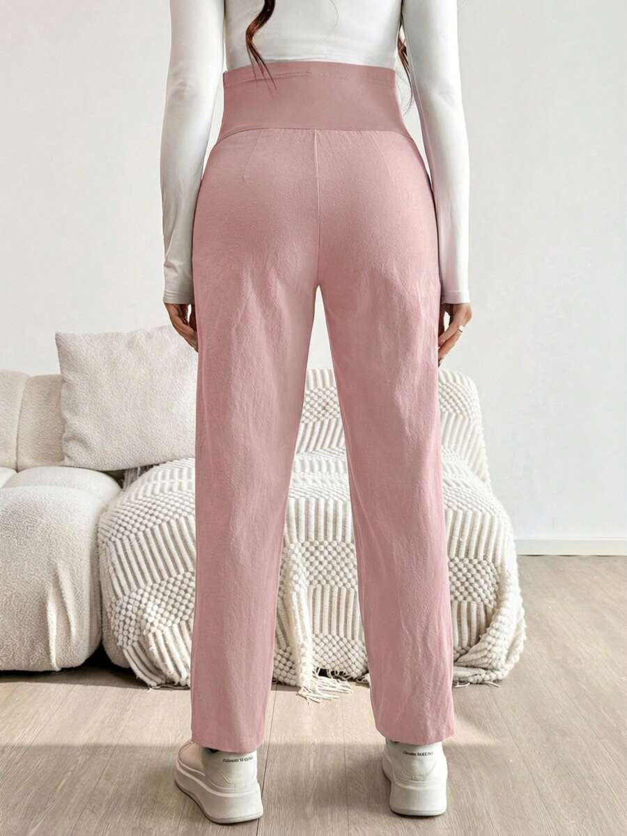Pink Ultra High Waist Pleated Maternity Pants – 100% Cotton Tapered Trousers with Elastic Waist and Pockets for Casual & Semi-Formal Wear