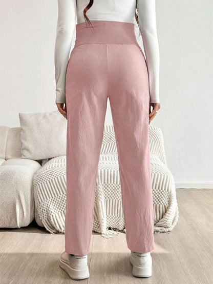 Pink Ultra High Waist Pleated Maternity Pants – 100% Cotton Tapered Trousers with Elastic Waist and Pockets for Casual & Semi-Formal Wear