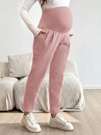 Pink Ultra High Waist Pleated Maternity Pants – 100% Cotton Tapered Trousers with Elastic Waist and Pockets for Casual & Semi-Formal Wear