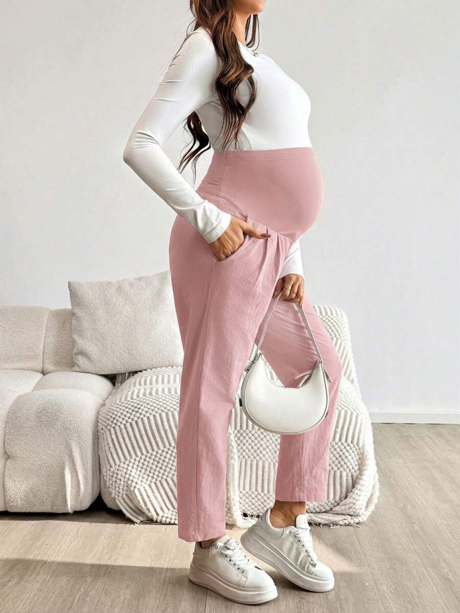 Maternity Tapered Pants - Adjustable Ultra High Waist, Cotton, Black