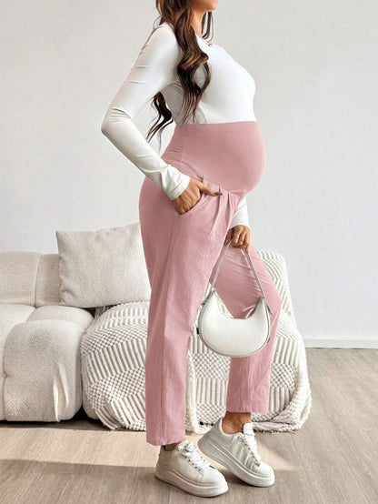 Maternity Tapered Pants - Adjustable Ultra High Waist, Cotton, Black