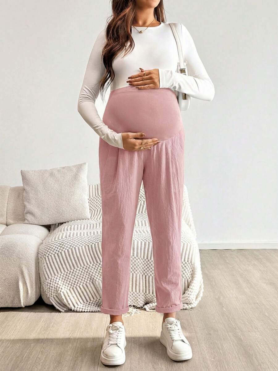 Pink Ultra High Waist Pleated Maternity Pants – 100% Cotton Tapered Trousers with Elastic Waist and Pockets for Casual & Semi-Formal Wear