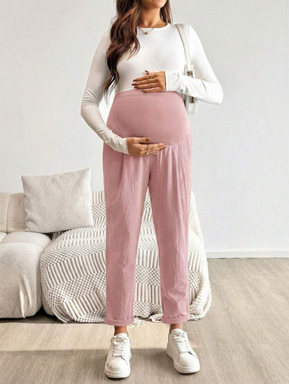 Pink Ultra High Waist Pleated Maternity Pants – 100% Cotton Tapered Trousers with Elastic Waist and Pockets for Casual & Semi-Formal Wear