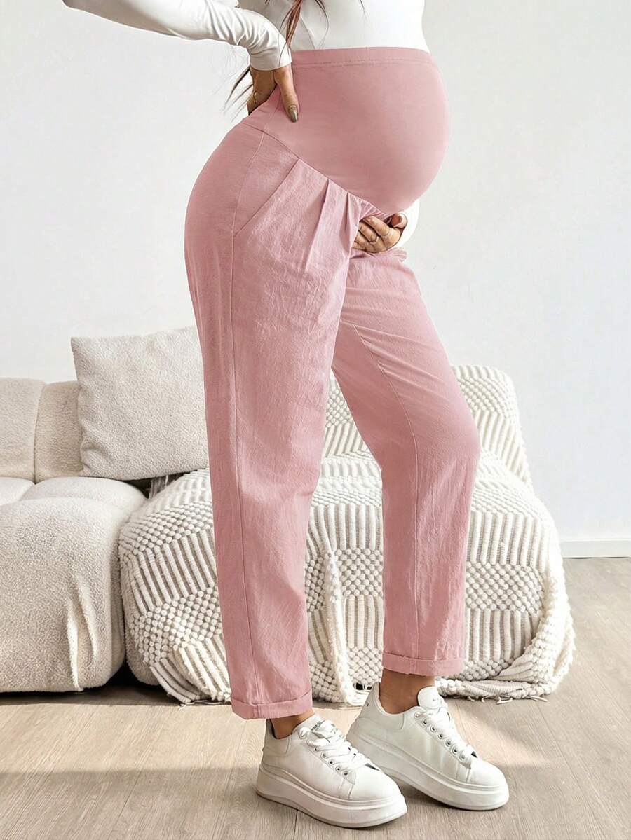 Pink Ultra High Waist Pleated Maternity Pants – 100% Cotton Tapered Trousers with Elastic Waist and Pockets for Casual & Semi-Formal Wear