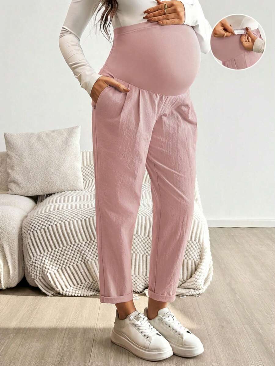 Maternity Tapered Pants - Adjustable Ultra High Waist, Cotton, Black