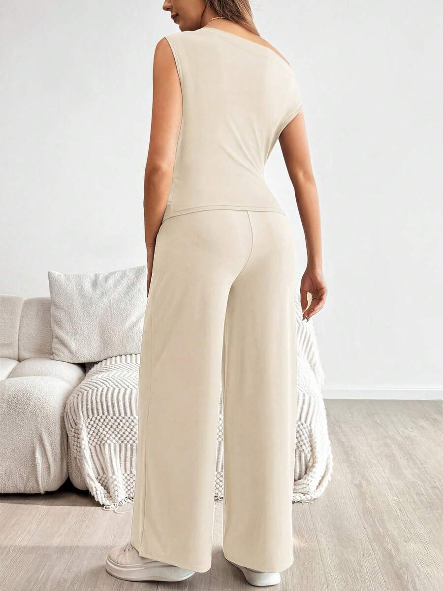 2-Piece Maternity Off-Shoulder Asymmetrical Top and Wide Leg Pants Set - Adjustable Waist Black Long Sleeve Casual Lounge Set