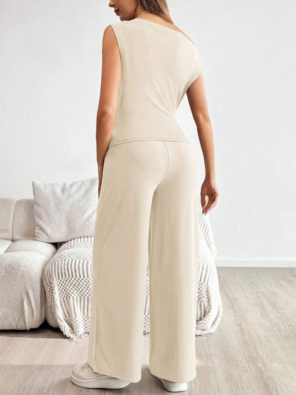 2-Piece Maternity Off-Shoulder Asymmetrical Top and Wide Leg Pants Set - Adjustable Waist Black Long Sleeve Casual Lounge Set