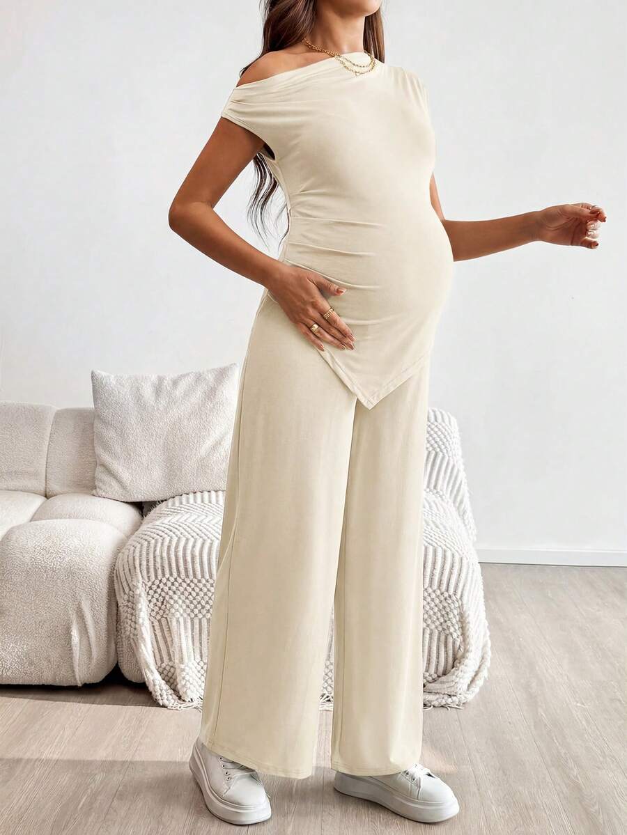 2-Piece Maternity Off-Shoulder Asymmetrical Top and Wide Leg Pants Set - Adjustable Waist Black Long Sleeve Casual Lounge Set