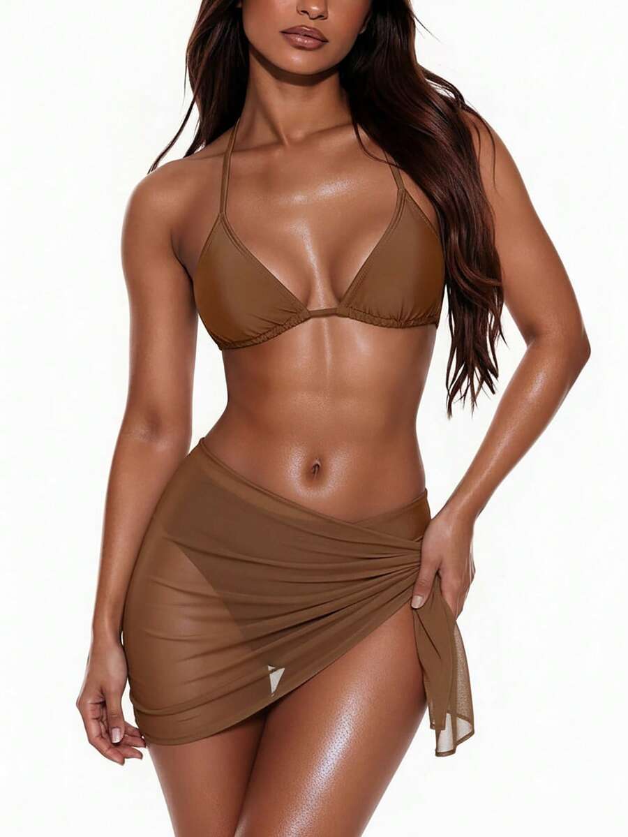 Women's 3-Piece Solid Halter Bikini Set - Knot Detail, Skirt Cover-Up, Triangle Cup, Red