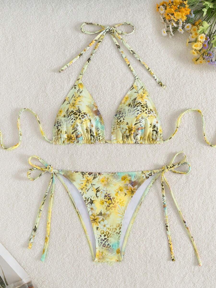 Women's Plain Halter Bikini Set - Knot Detail, Tie Side, Triangle Cup, Navy Blue