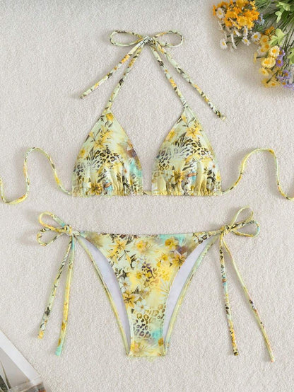 Women's Plain Halter Bikini Set - Knot Detail, Tie Side, Triangle Cup, Navy Blue