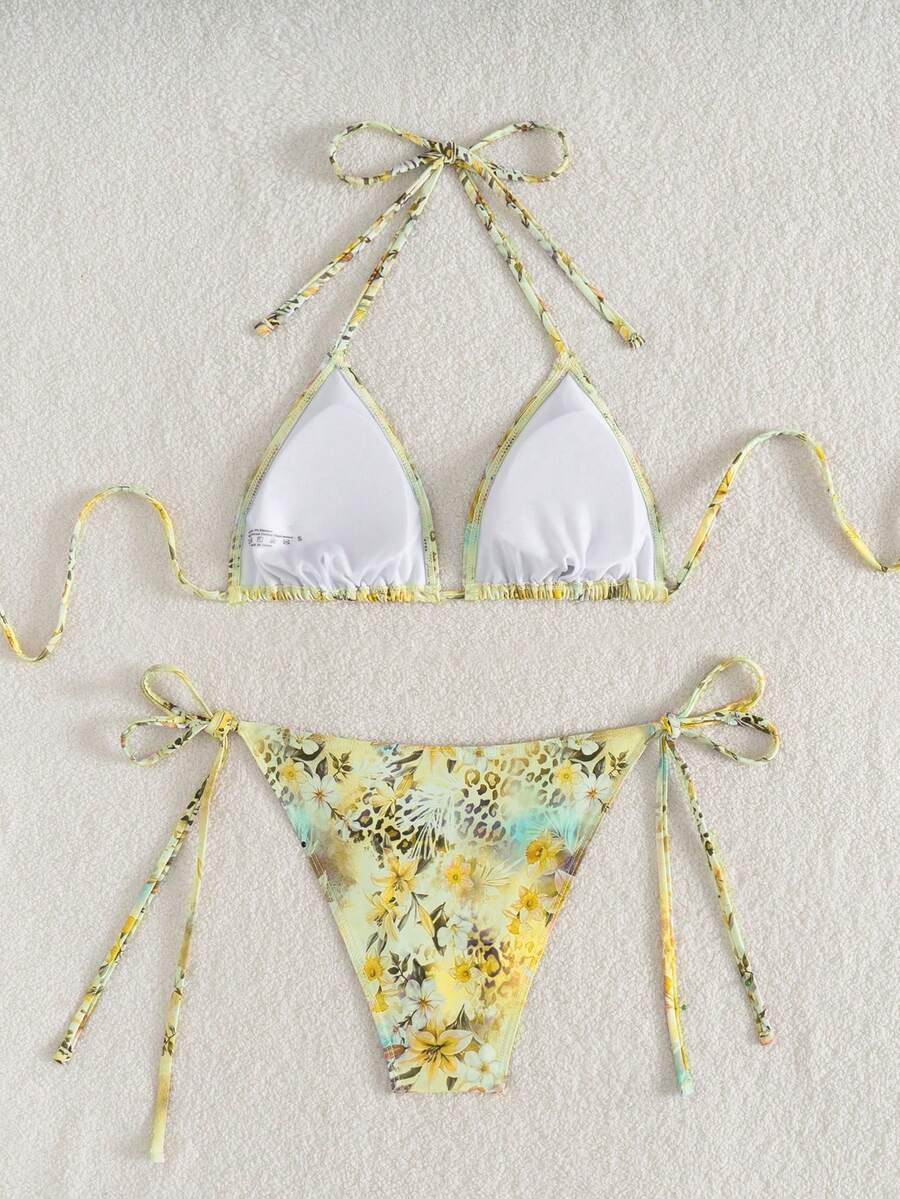 Women's 2-Piece Halter Bikini Set - Leopard & Floral Print, Tie Side, Triangle Cup, Multicolor