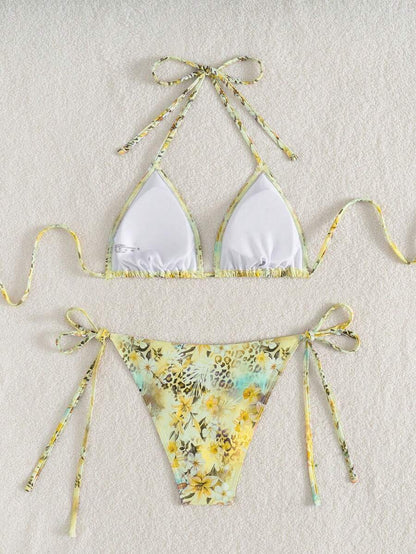 Women's 2-Piece Halter Bikini Set - Leopard & Floral Print, Tie Side, Triangle Cup, Multicolor