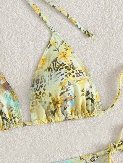 Women's 2-Piece Halter Bikini Set - Leopard & Floral Print, Tie Side, Triangle Cup, Multicolor