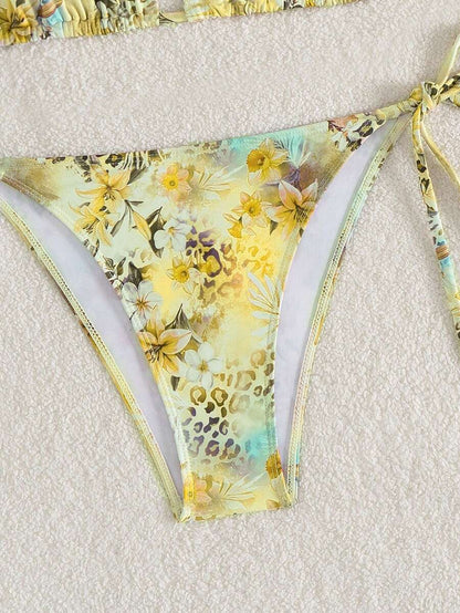 Women's 2-Piece Halter Bikini Set - Leopard & Floral Print, Tie Side, Triangle Cup, Multicolor