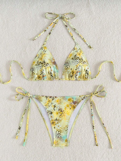 Women's Plain Halter Bikini Set - Knot Detail, Tie Side, Triangle Cup, Navy Blue
