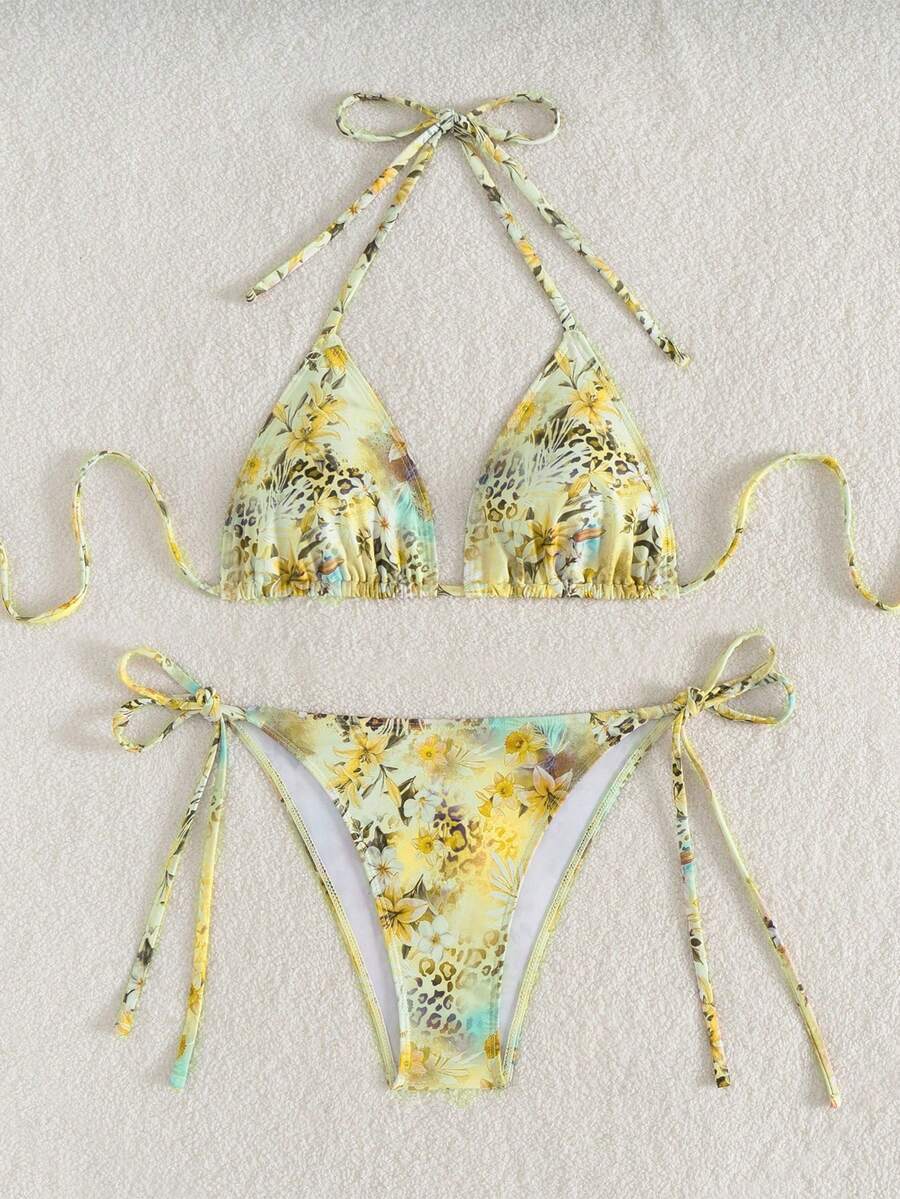 Women's 2-Piece Halter Bikini Set - Leopard & Floral Print, Tie Side, Triangle Cup, Multicolor