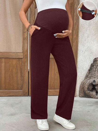 Burgundy Ultra High Waist Maternity Straight Leg Pants – Adjustable Medium Stretch Knitted Casual Trousers for Daily Wear & Fall Holidays