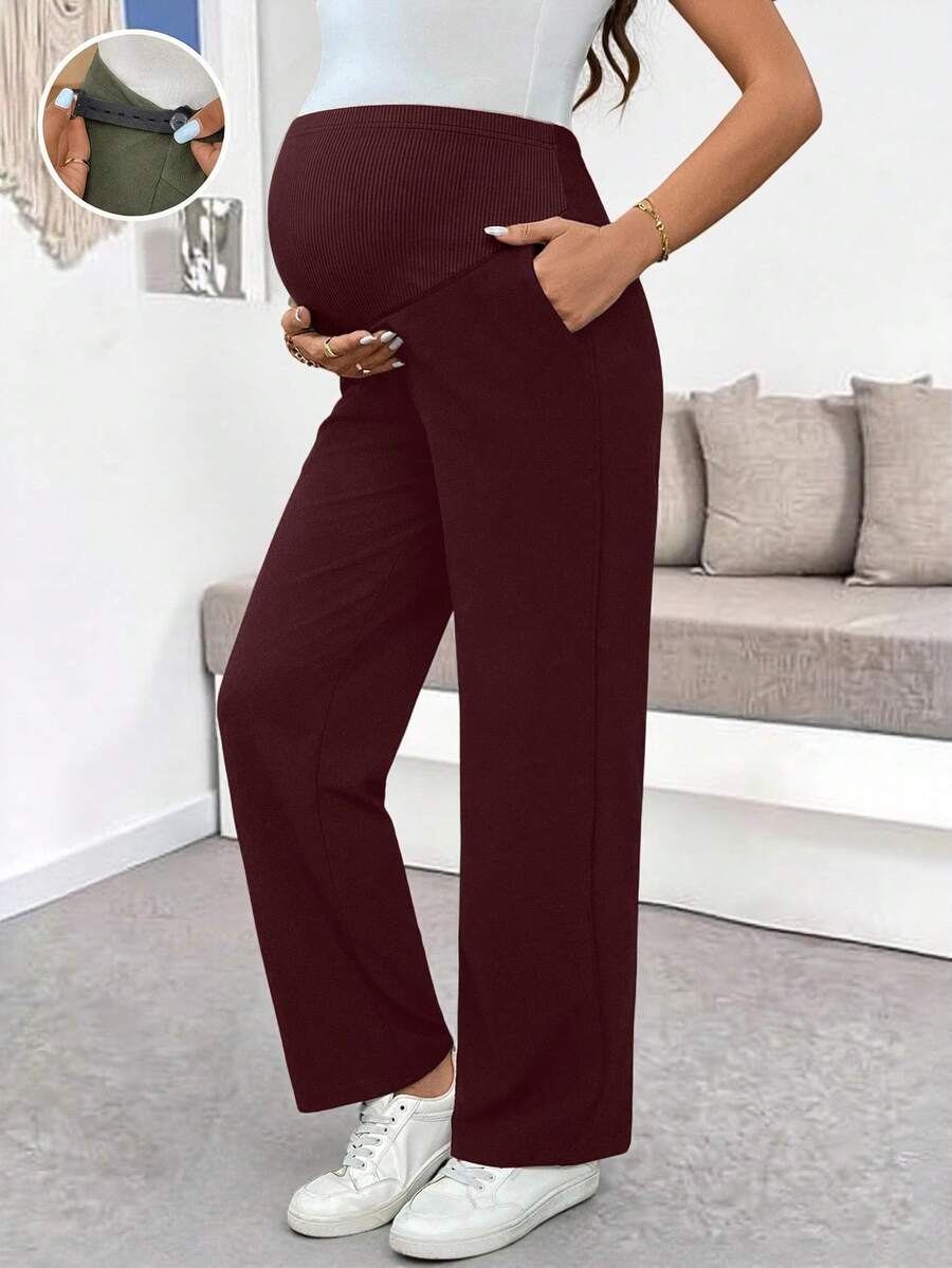 Maternity Casual Pants - Adjustable Waist, Straight Leg, Ultra High Waist, Black