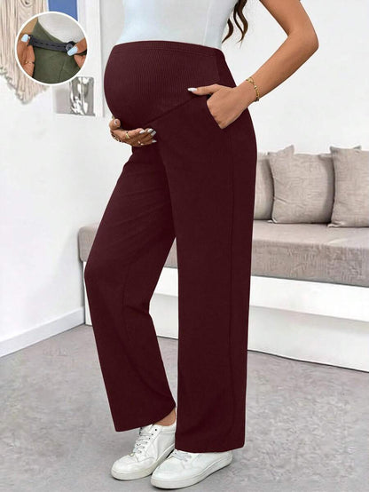 Maternity Casual Pants - Adjustable Waist, Straight Leg, Ultra High Waist, Black