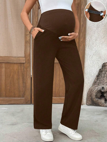 Maternity Casual Pants - Adjustable Waist, Straight Leg, Ultra High Waist, Black