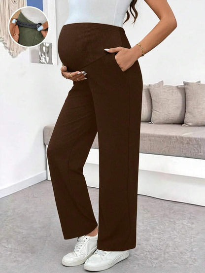 Maternity Casual Pants - Adjustable Waist, Straight Leg, Ultra High Waist, Black