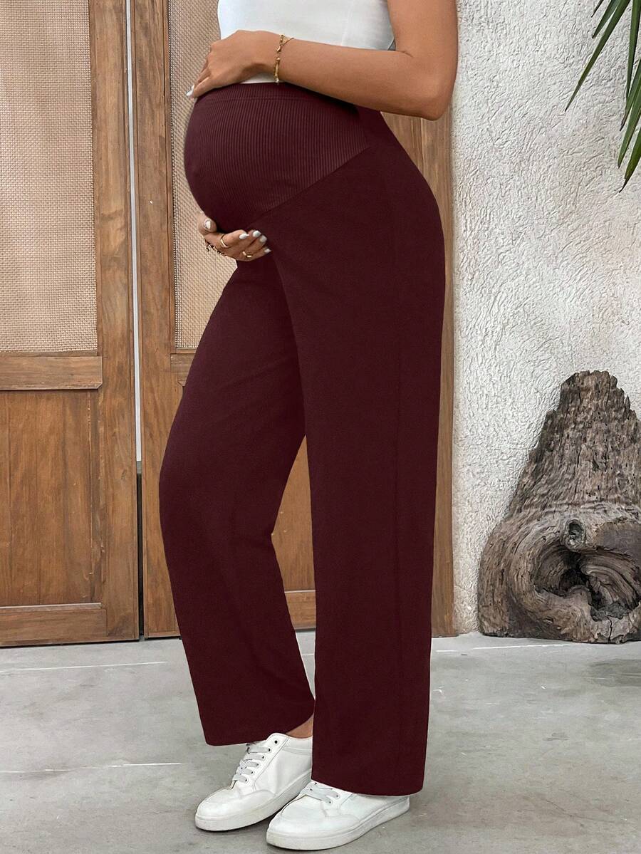 Burgundy Ultra High Waist Maternity Straight Leg Pants – Adjustable Medium Stretch Knitted Casual Trousers for Daily Wear & Fall Holidays