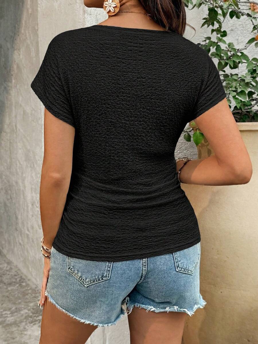White Tropical Print Batwing Sleeve Slim Fit Knit Top - Casual Round Neck Cap Sleeve Summer Vacation Shirt for Women